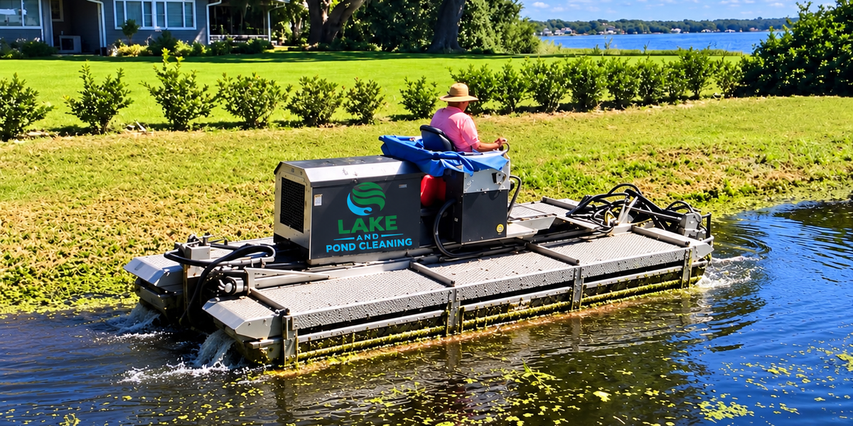Aquatic weed removal service using mechanical harvesting equipment on Florida lake